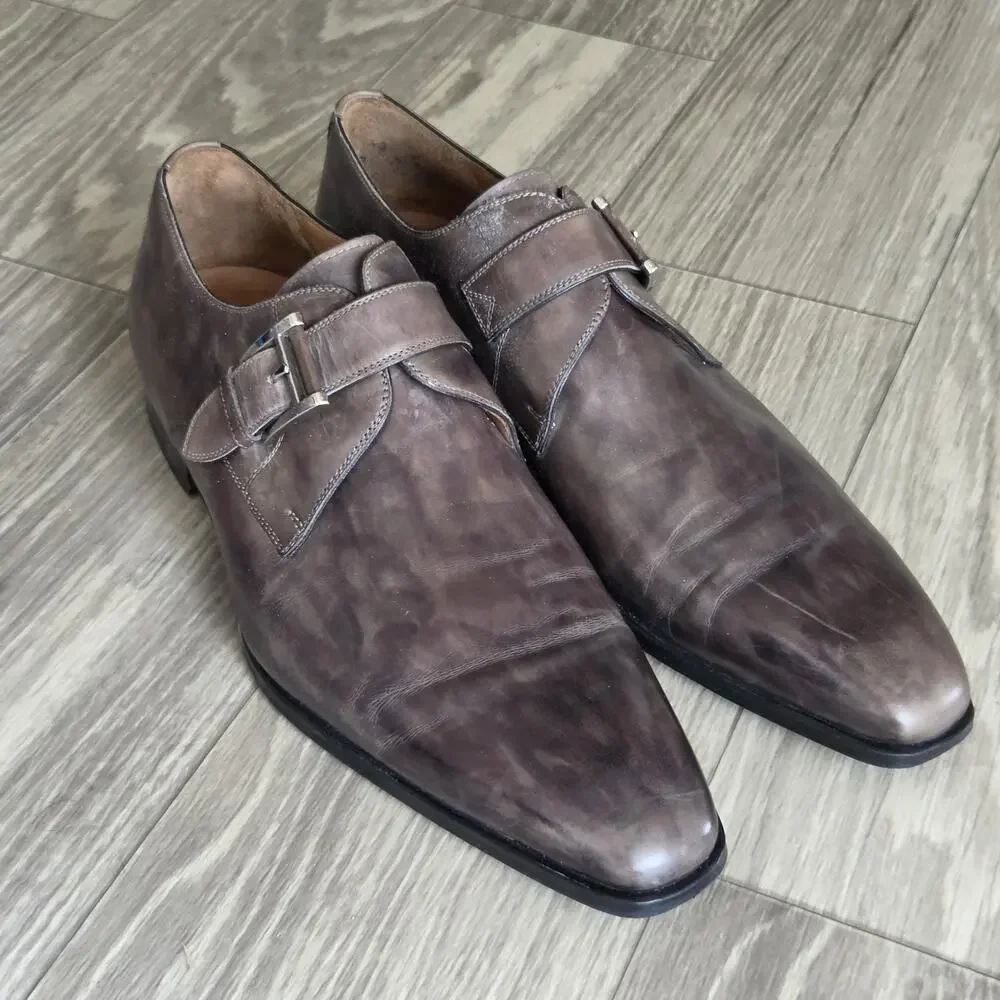 MAGNANNI Gray Men's EU 48/US 12 Leather Loafers Shoes MONKSTRAP SPAIN MEN BUCKLE